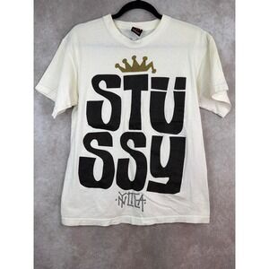 VTG Y2K Stussy Crown Large Spellout Logo Graphic T Shirt Mens Size Medium White